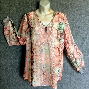 ETCETERA flowery soft silk-like, easy care polyester BLOUSE w/ beading. Medium